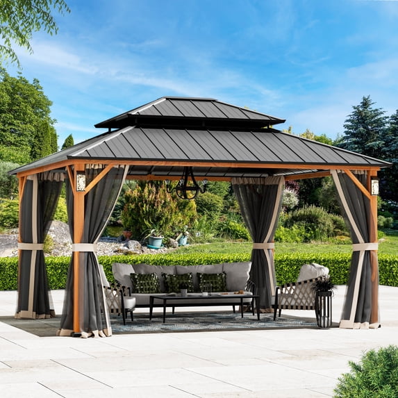 Modern Shade Hardtop Gazebo 12' x 14' with 4 LED Lights, Permanent Gazebo with Double Galvanized Steel Roof for Outdoor Backyard, Brown