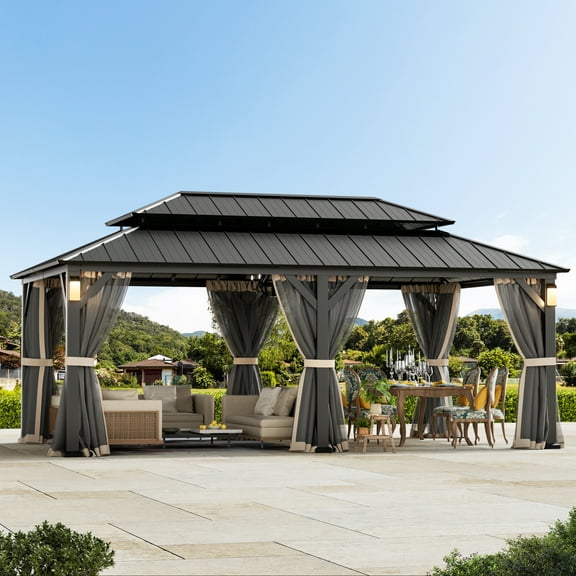 Modern Shade Hardtop Gazebo 12' x 20' with 4 LED Lights, Permanent Gazebo with Double Galvanized Steel Roof for Outdoor Backyard, Black