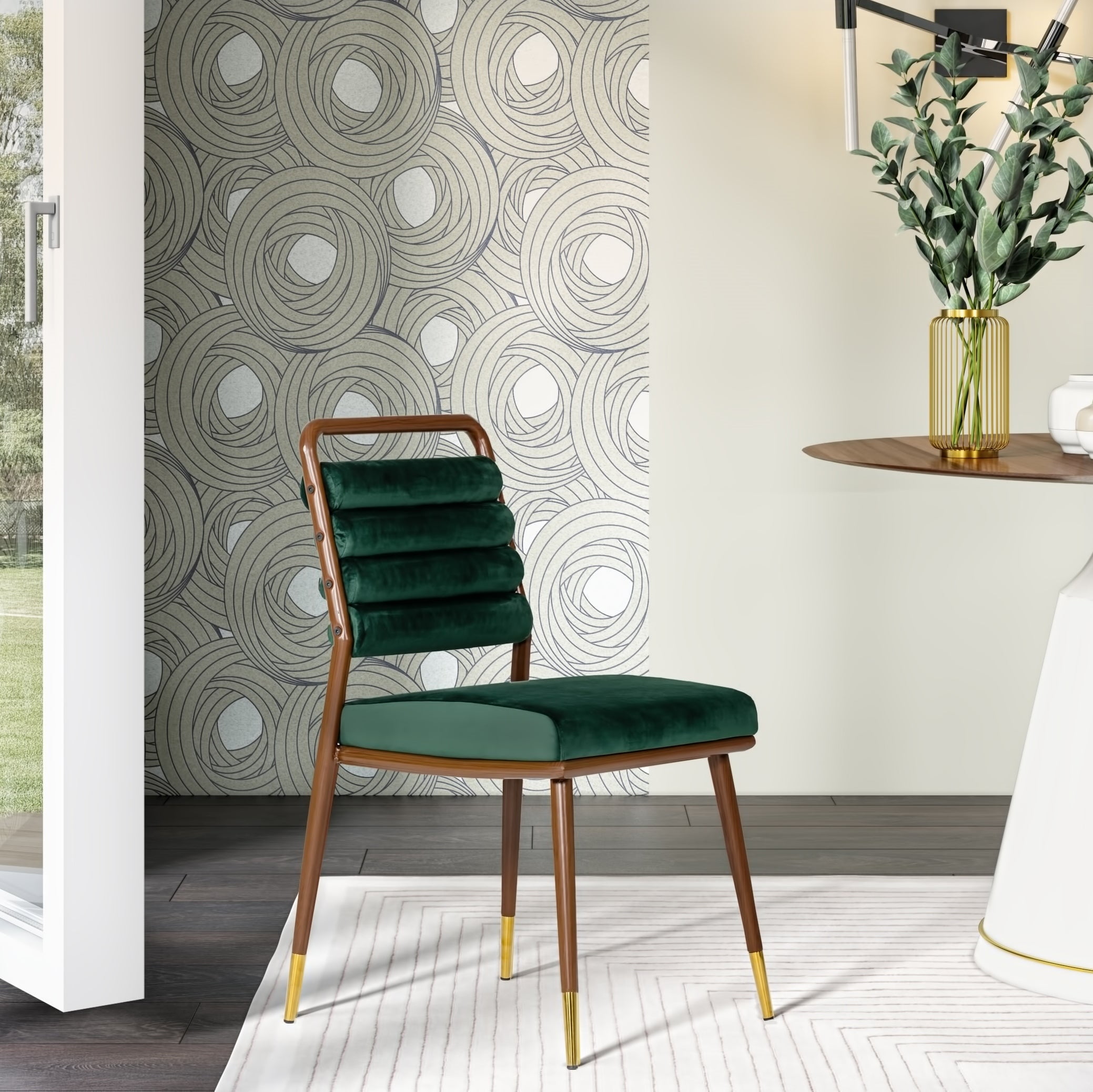 Biscay Modern Dark Green Velvet & Walnut Gold-Tipped Dining Chair