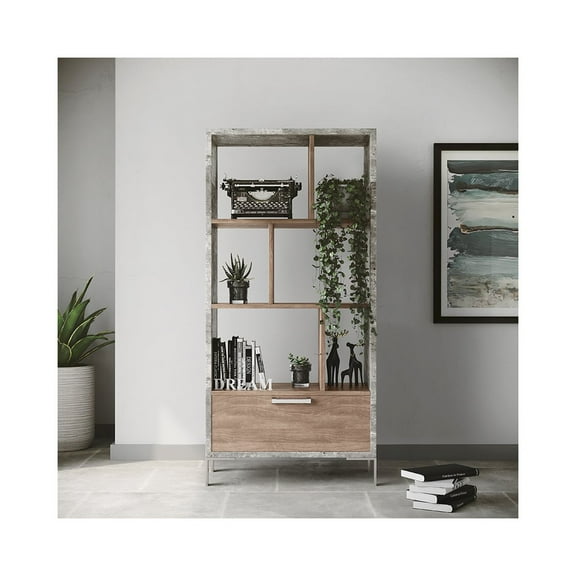 Modrest Boston Modern Faux Concrete & Wood Veneer Bookcase in Gray/Brown Oak