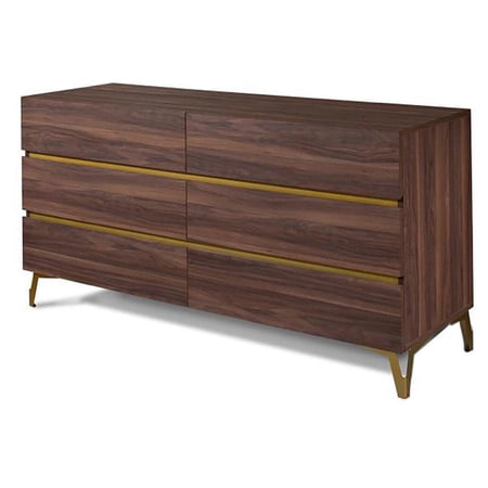 Modrest Calabria 6-Drawer Modern MDF Wood & Metal Dresser in Walnut