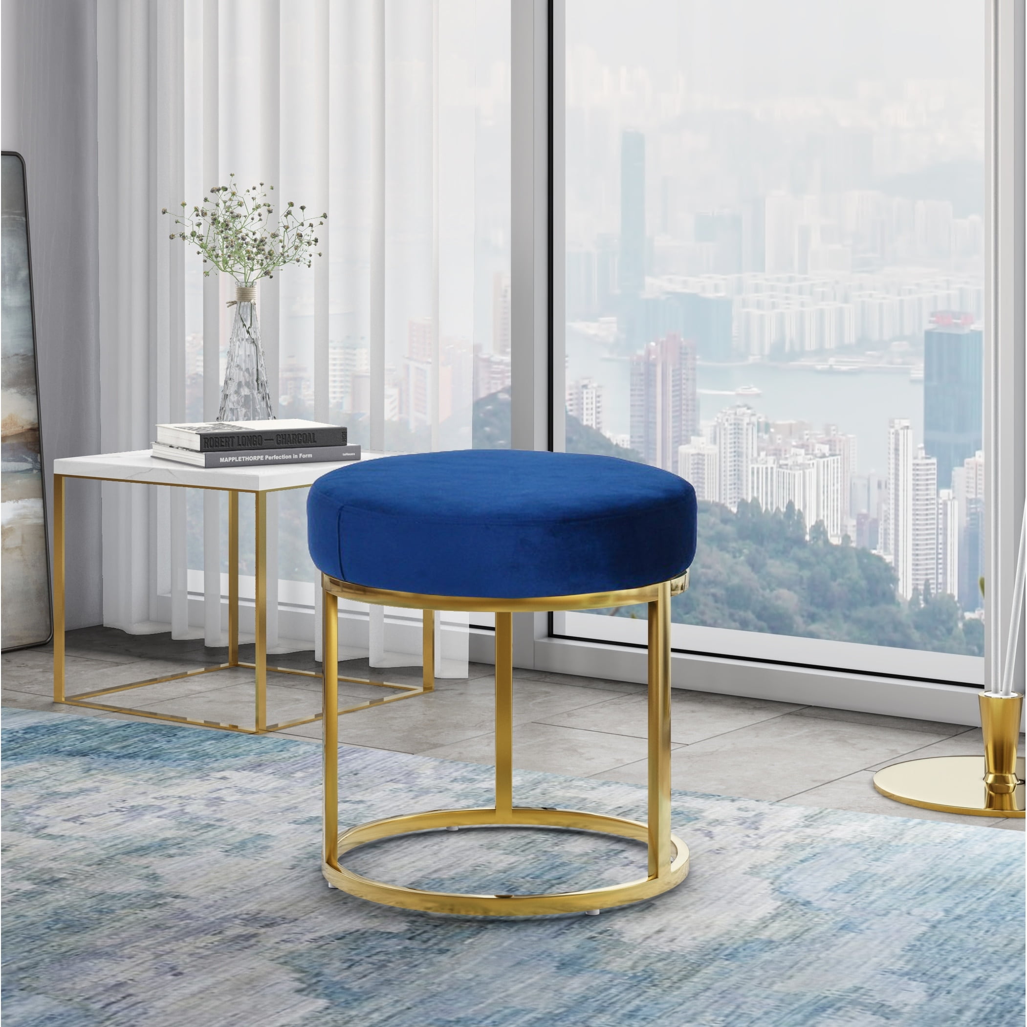 Modern Round Blue Velvet Ottoman with Gold Base