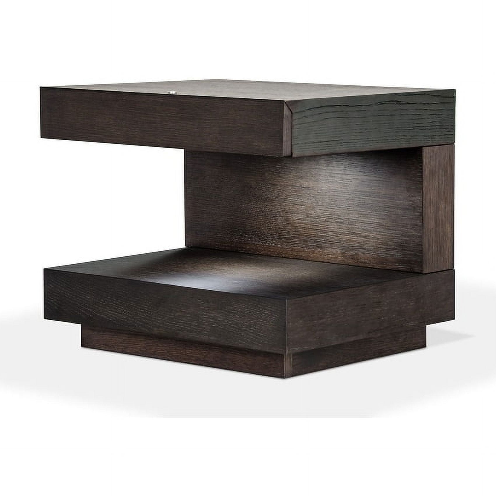 C-Shaped Brown Oak Veneer Nightstand with LED and Drawer