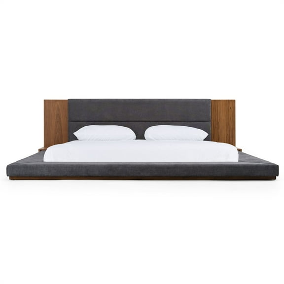Modrest Jagger 87x96" Modern Veneer & Fabric Queen Bed in Dark Gray/Walnut