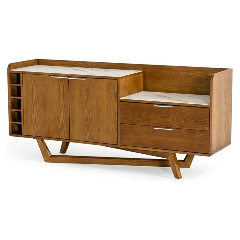 Asymmetrical Walnut & White Marble Buffet with Wine Storage