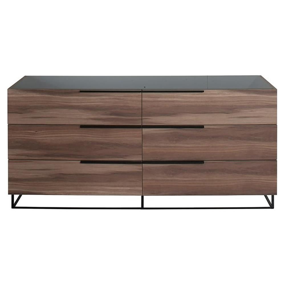 Matte Walnut and Black Metal 6-Drawer Double Dresser