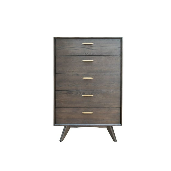 Modrest Novak 5-Drawer Modern Wood Veneer Chest in Dark Oak/Antique Brass