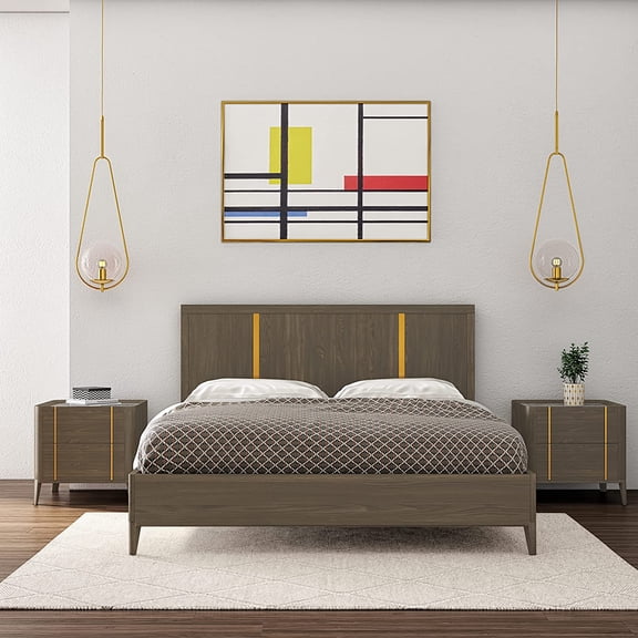 Limari Home Ignace Collection Bedroom Mid-Century Style Bed with Metal Accents, Solid Pine and Oak Veneer Frame, Dark Brown
