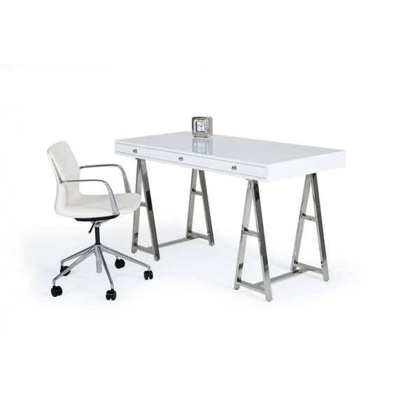 Modrest Ostrow 3-Drawer Rectangular Stainless Steel Writing Desk in White