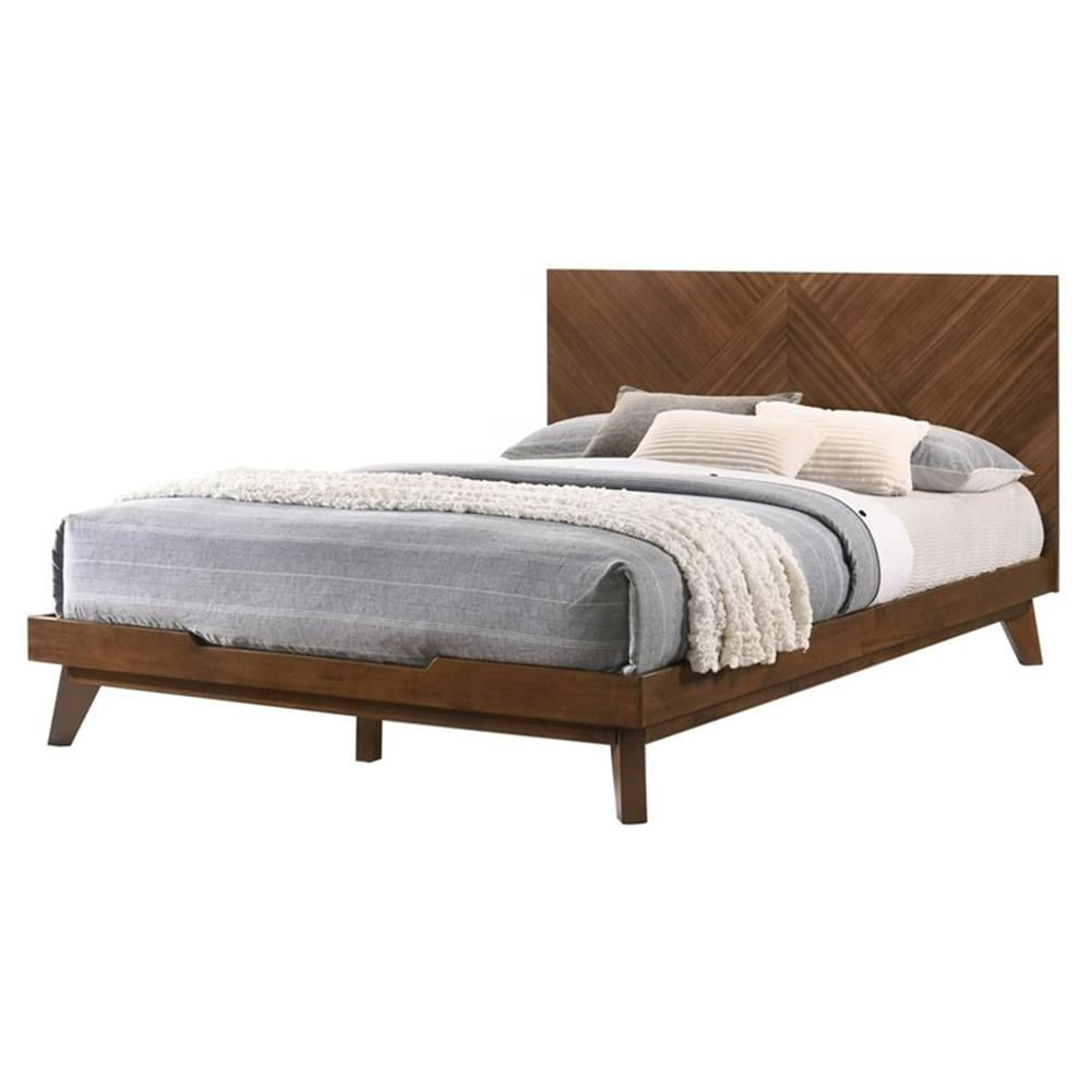 Walnut Chevron Pattern Wood Queen Bed with Headboard and Slats