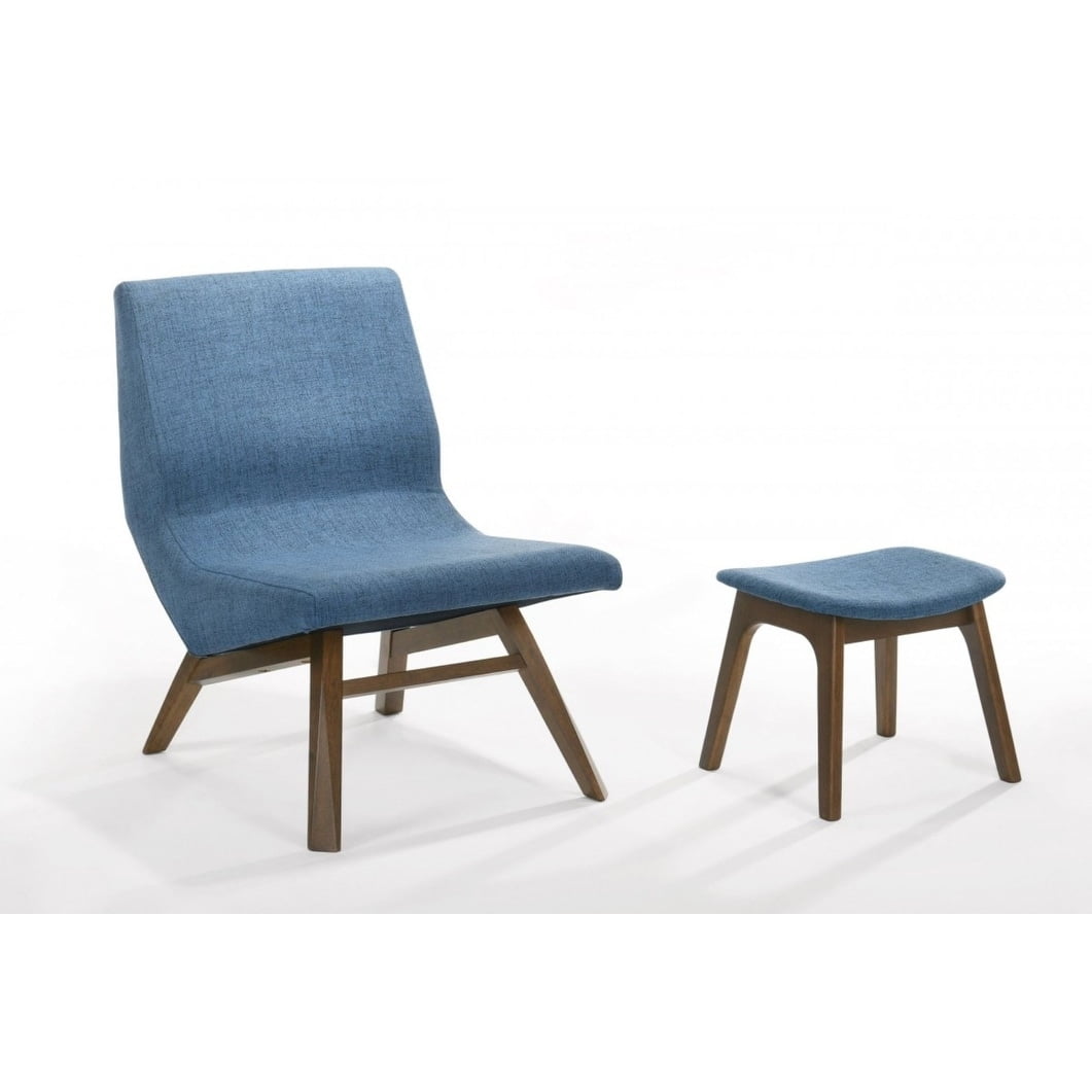 Navy Blue and Walnut Wood Accent Chair with Ottoman
