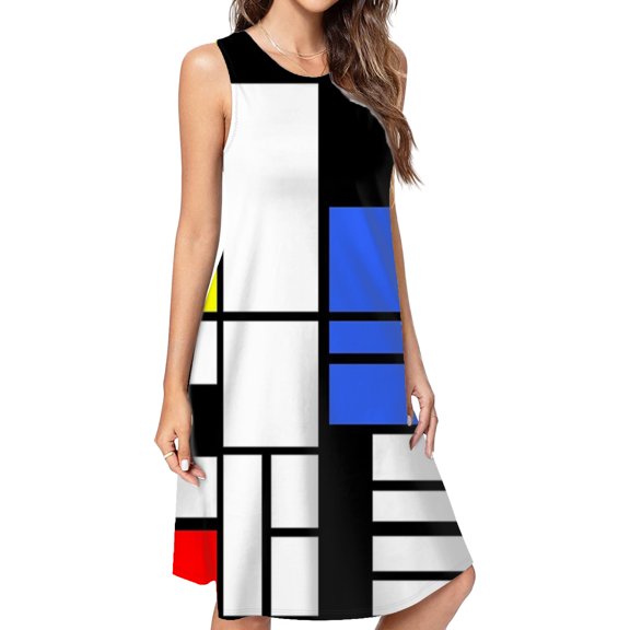 Modrian Inspired Composition With Red Blue And Yellow Essential Casual Sleeveless Loose Sundress Dress For Women Summer Dress Daily Woman