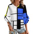 thumbnail image 1 of Modrian Inspired Composition With Red Blue And Yellow Essential Women's V-Neck Blouse With 3/4 Ruffled Bell Sleeves Casual Top Ladies Blouses, 1 of 7