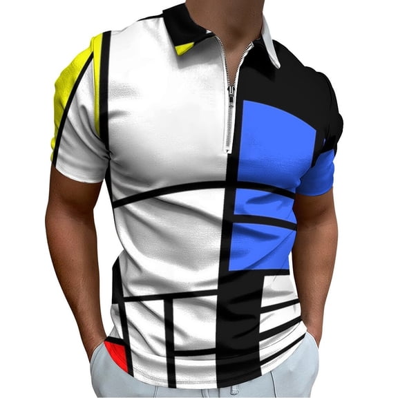 Modrian Inspired Composition with Red Blue And Yellow Essential Men Zipper T-shirt Summer Casual Short Sleeve T-shirt Top