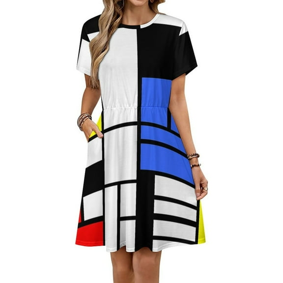 Modrian Inspired Composition with Red Blue And Yellow Essential Women's Dress Short Sleeve Summer Sundress Summer Women Clothes