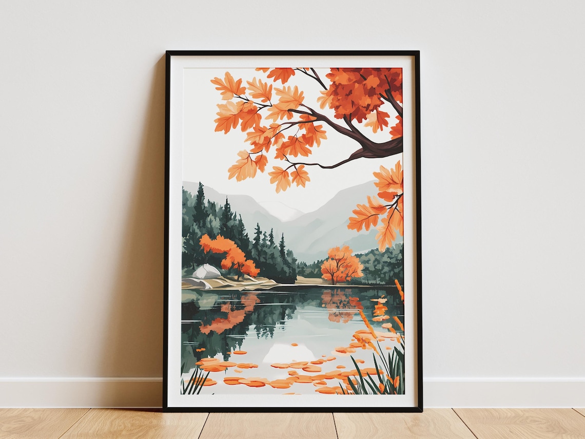 Curated visual reference: Minimalist Wall Art For Peaceful Homes Reference: Modroom Autumn Maple Leaves Lake Poster Fall Mountain Lake Landscape