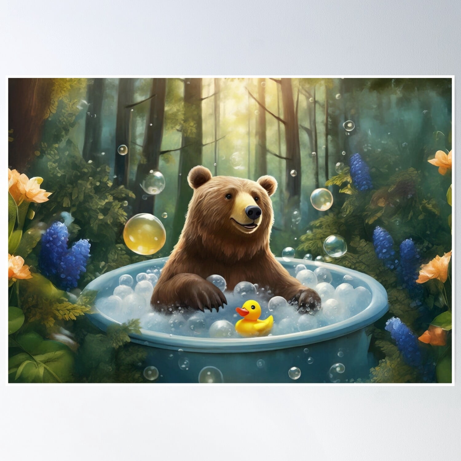 Modroom Bath Time Bliss: Bear & Rubber Duck In Bubble Bath Poster Wall ...