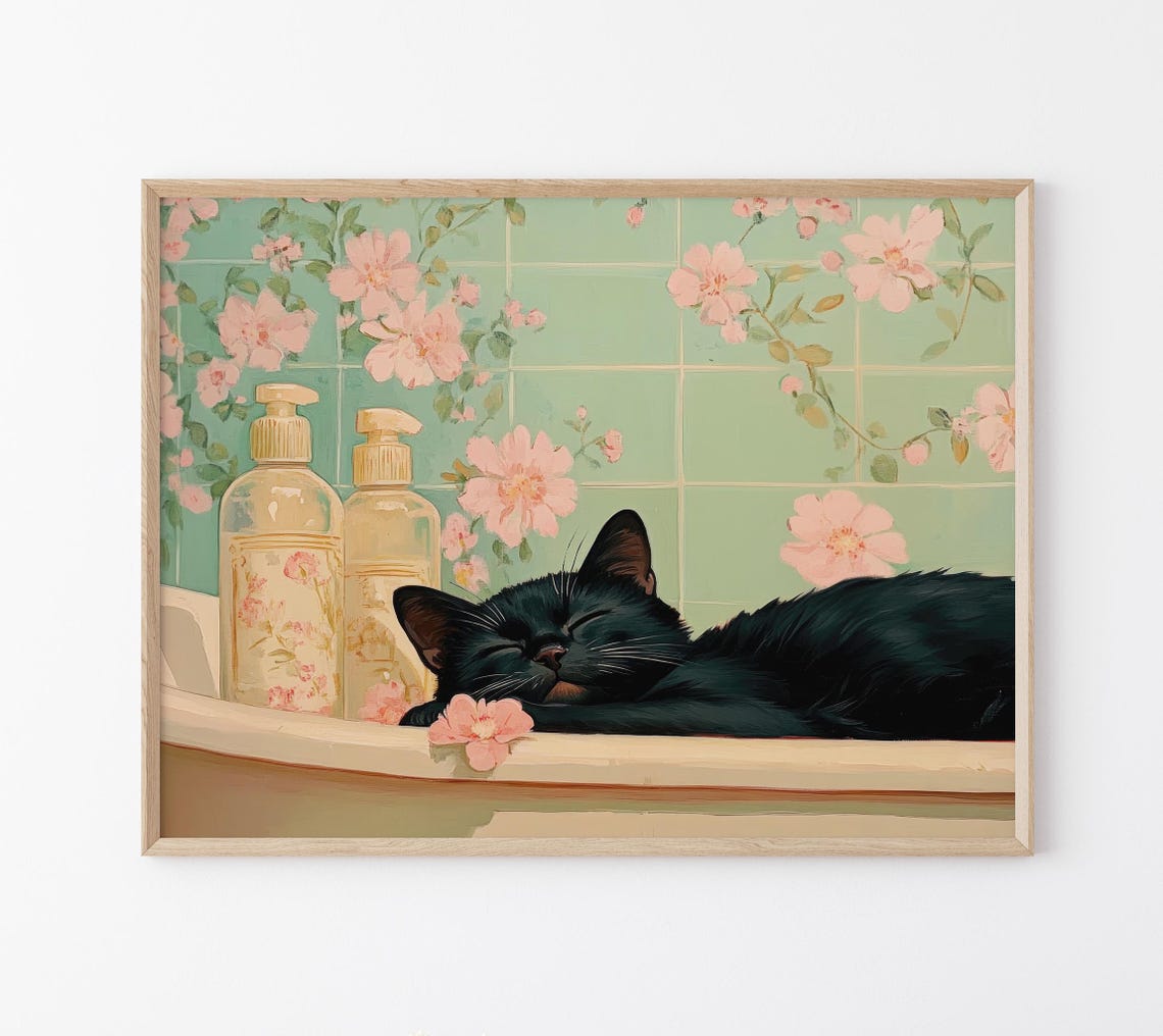 Modroom Black Cat In A Bathtub Print | Japanese Bathroom Wall Art ...