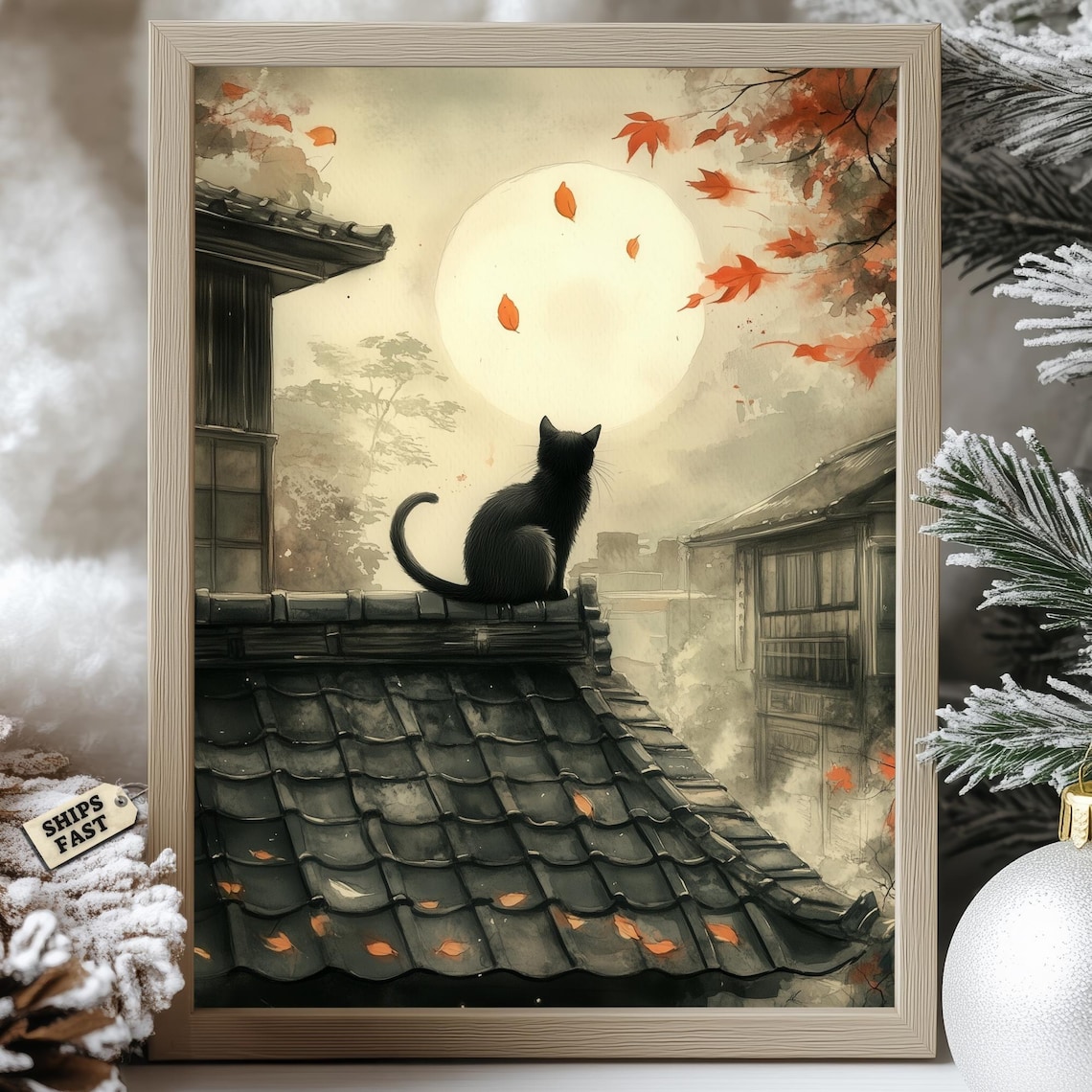 Modroom Black Cat Full Moon Poster Japanese Rooftop Autumn Night Wall ...