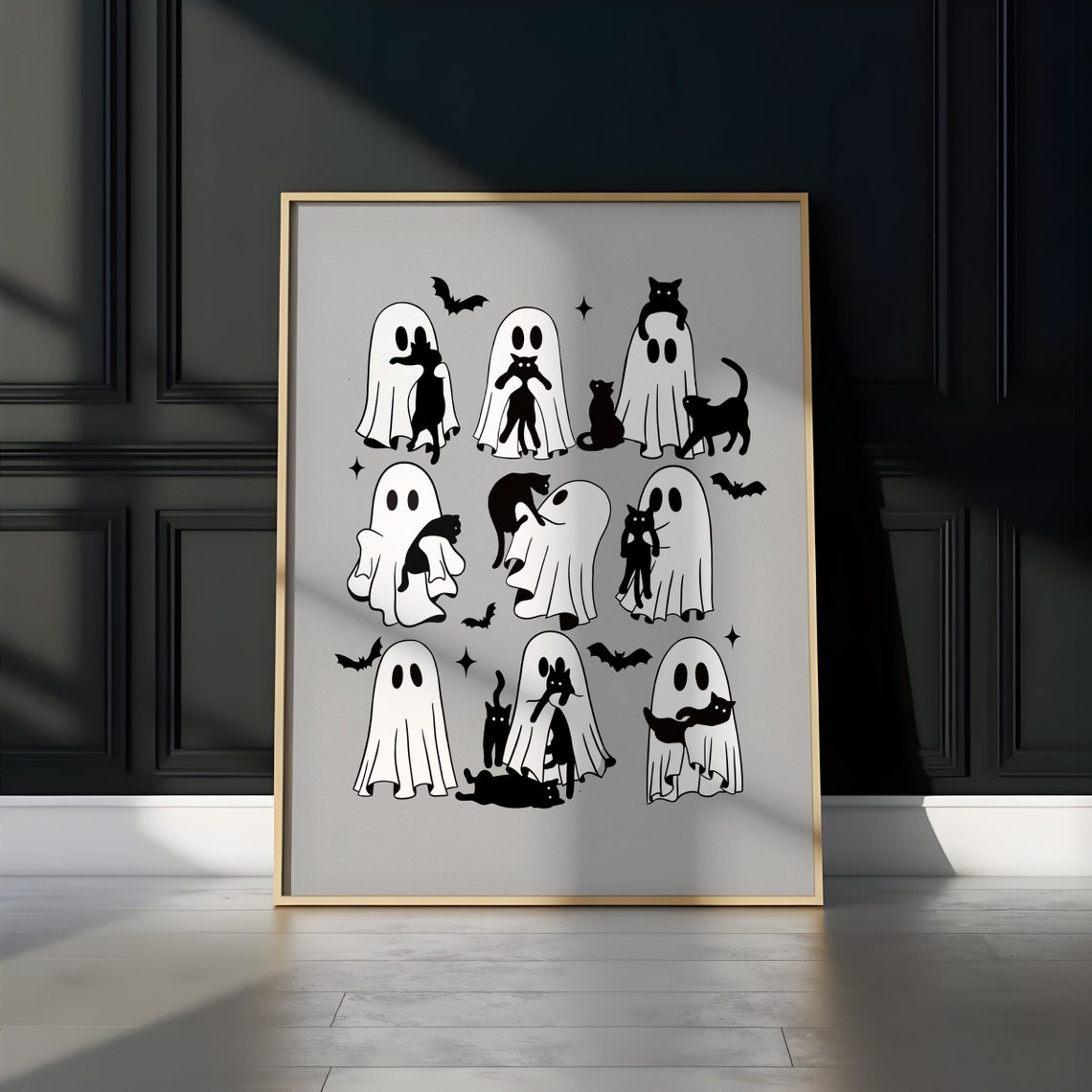 Modroom Black Cat And Ghost Print Cute Ghost Wall Art Spooky Season ...