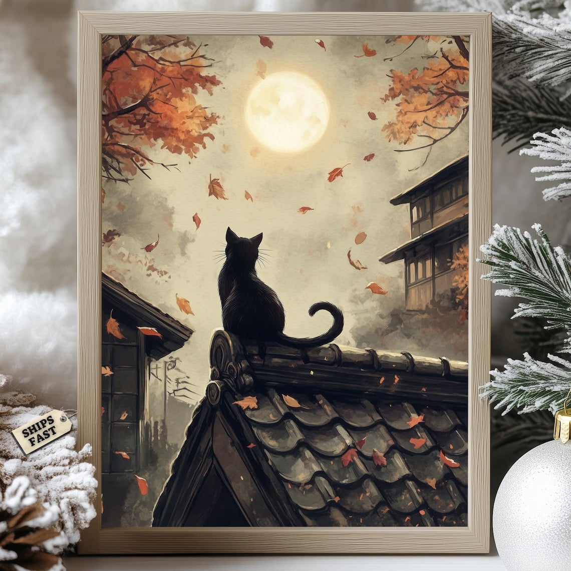 Modroom Black Cat Moon Poster Japanese Roof Autumn Full Moon Cozy Wall ...