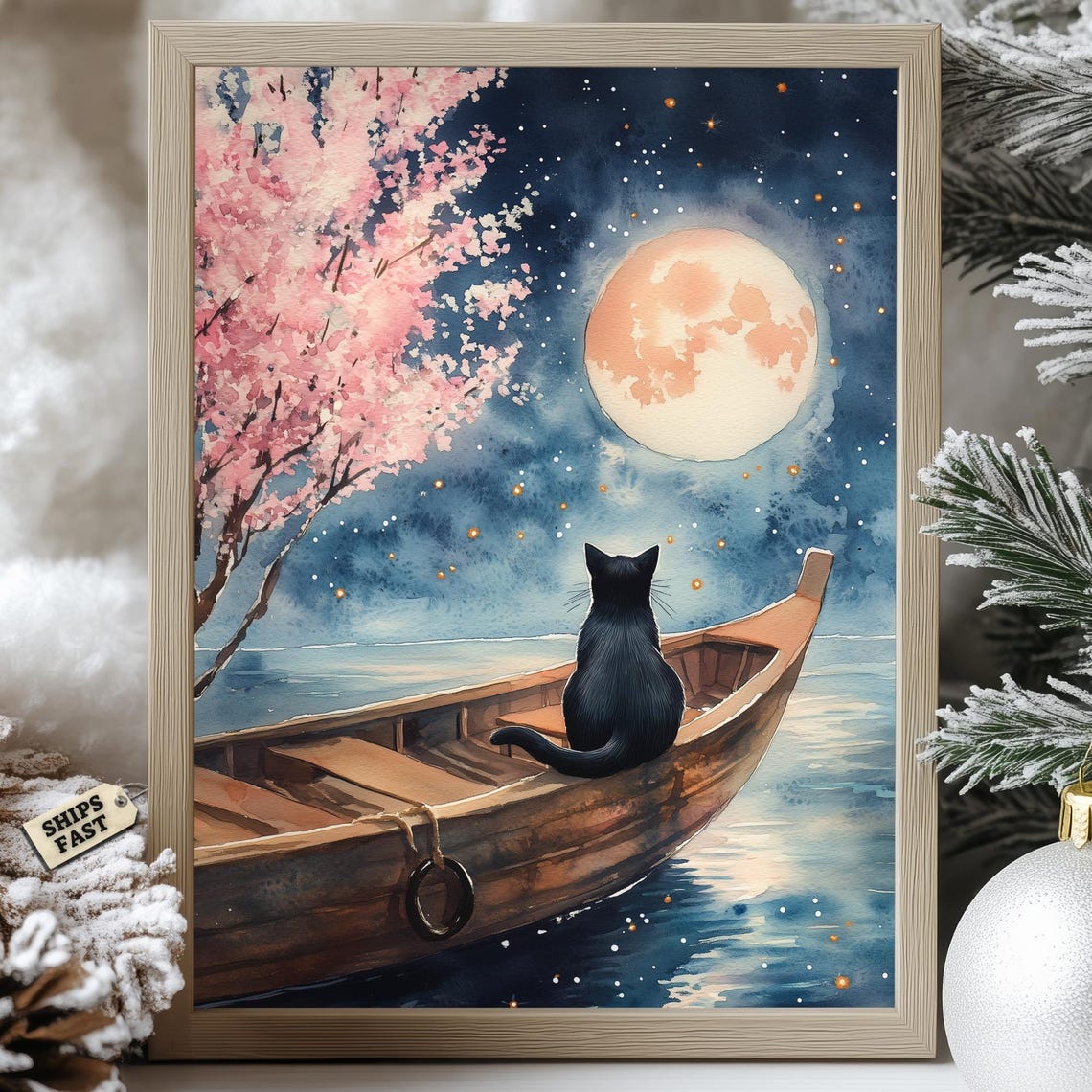 Modroom Black Cat Moonlight Boat Poster Sakura Night Japanese Fantasy ...