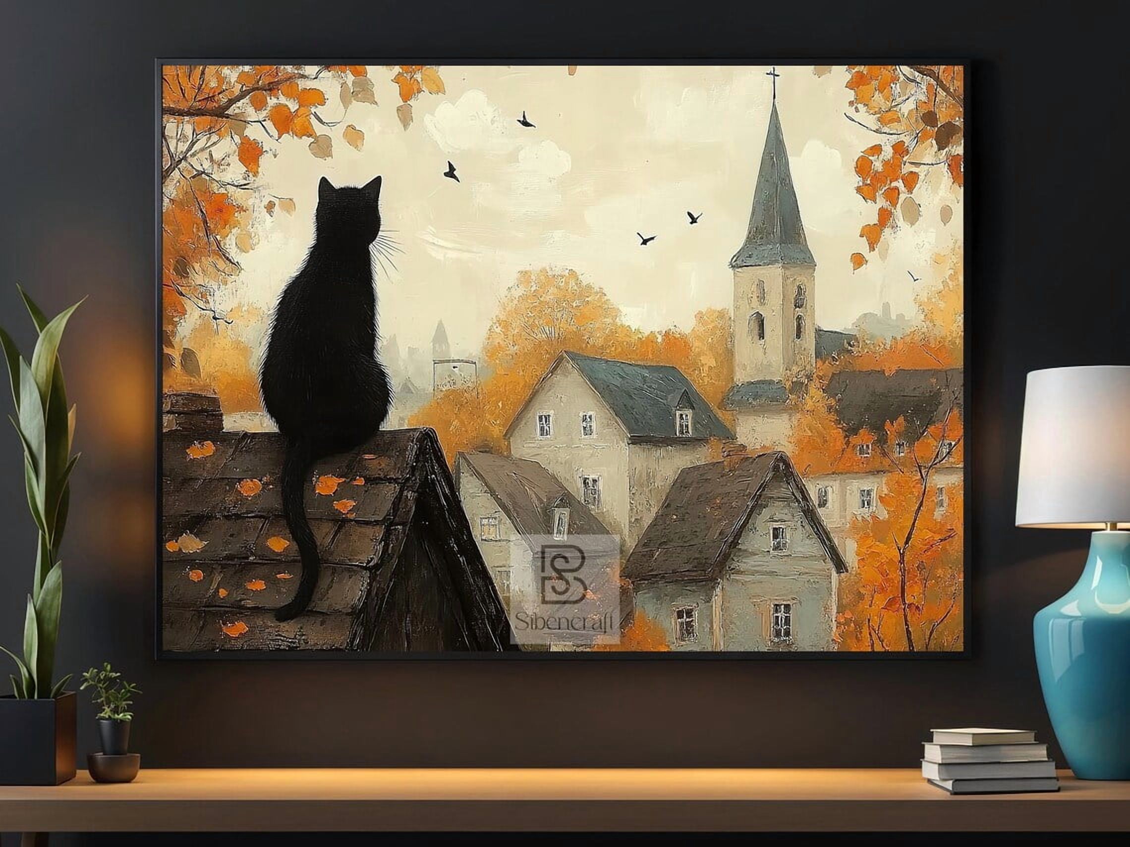 Modroom Black Cat Rooftop Poster, Autumn Seasonal Wall Art, Cozy Fall ...