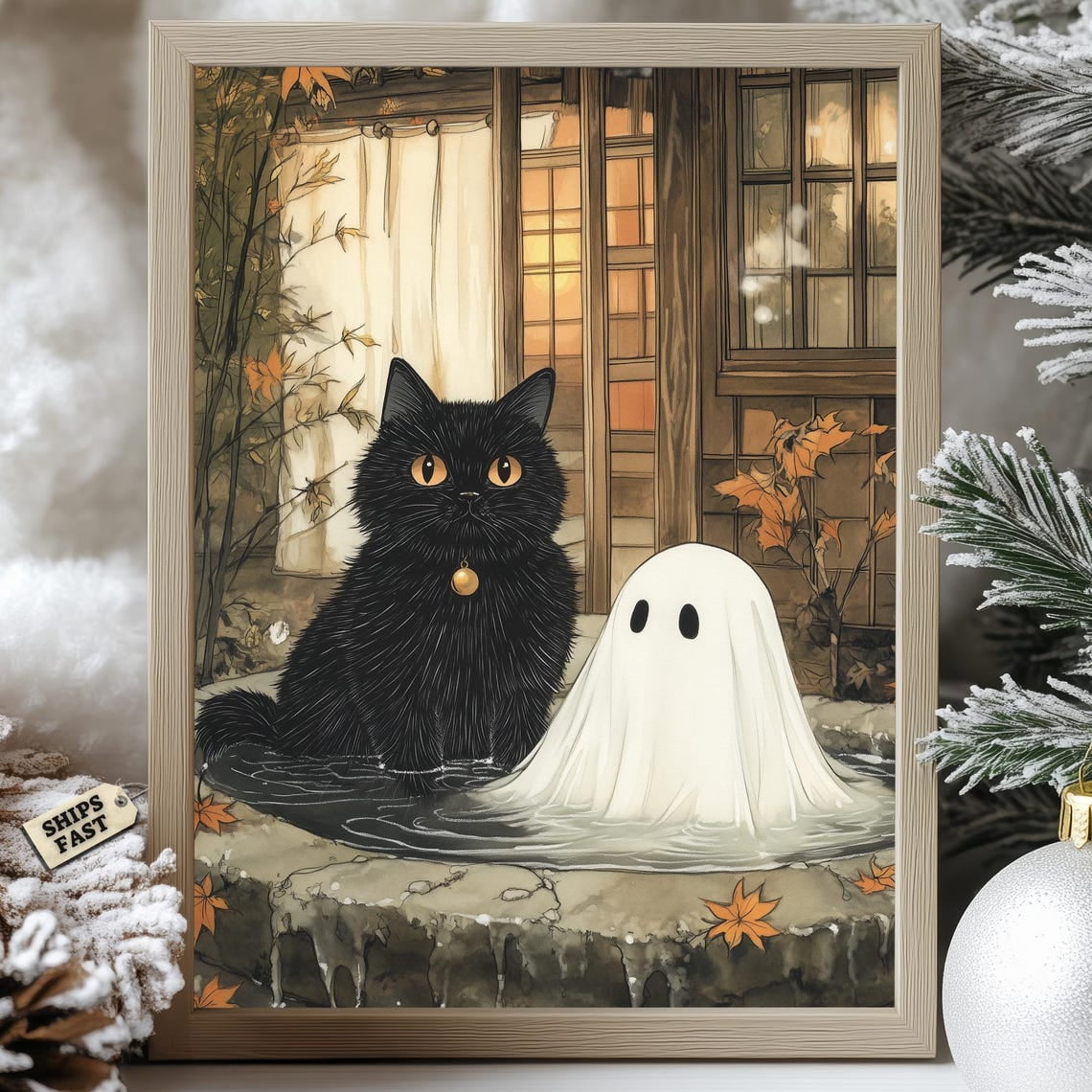 Modroom Black Cat and Ghost Poster Japanese Onsen Cozy Autumn Zen Wall ...