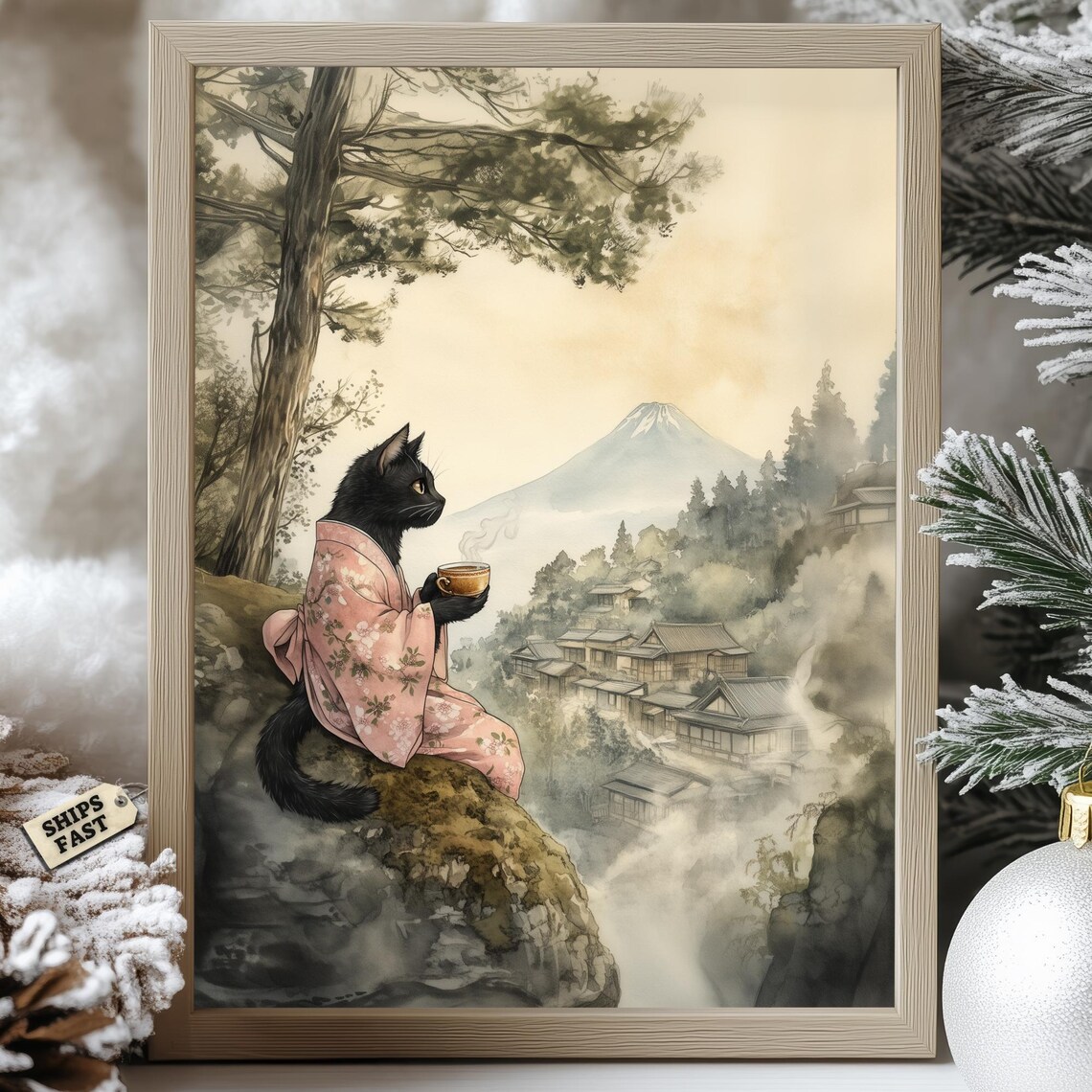 Modroom Black Cat in Kimono Poster Mount Fuji Tea Japanese Zen Wall Art ...