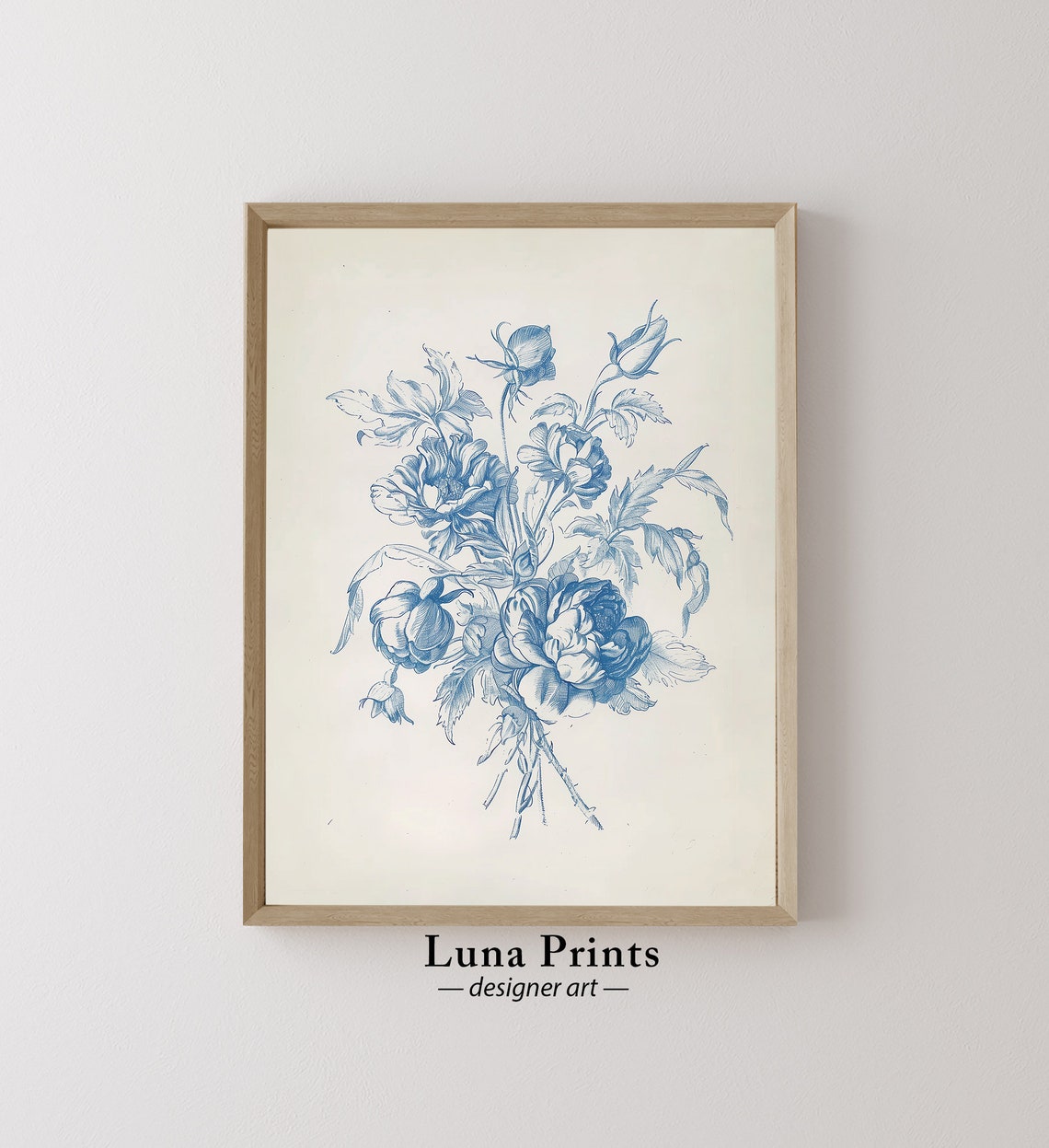 Modroom Blue Floral Sketch Vintage Rose Botanical Illustration Wall Art ...