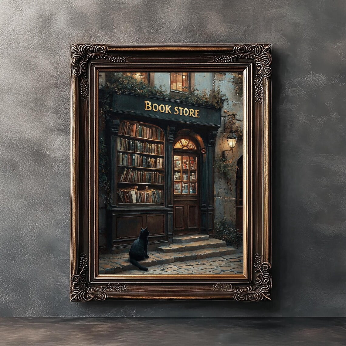Modroom Bookstore with Black Cat Poster, Vintage Dark Academia Wall Art ...