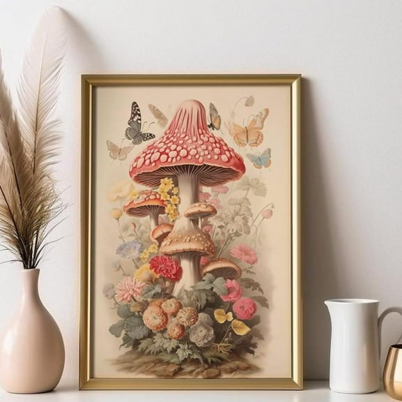 Modroom Butterfly Mushroom Print Woodland Mushroom Wonderland Wall Art Botanical Butterflies Nursery Decor Pink Cottagecore Dorm Poster Wall Art, Modern Wall Decor, 12x18 UNFRAMED