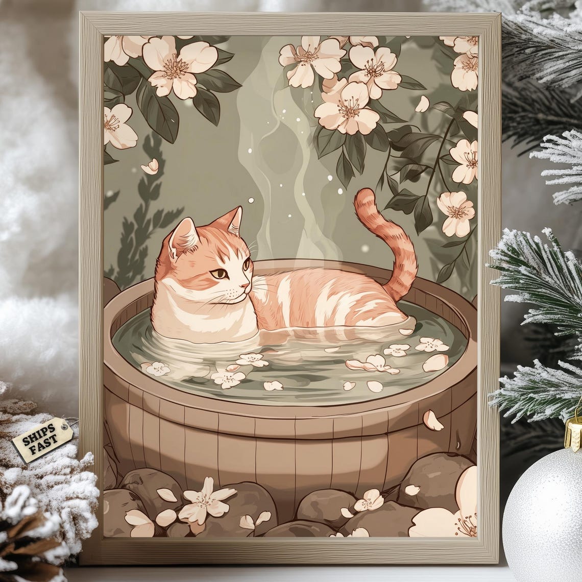Modroom Cat Bath Poster Japanese Onsen Relaxing Hot Spring Zen Wall Art ...