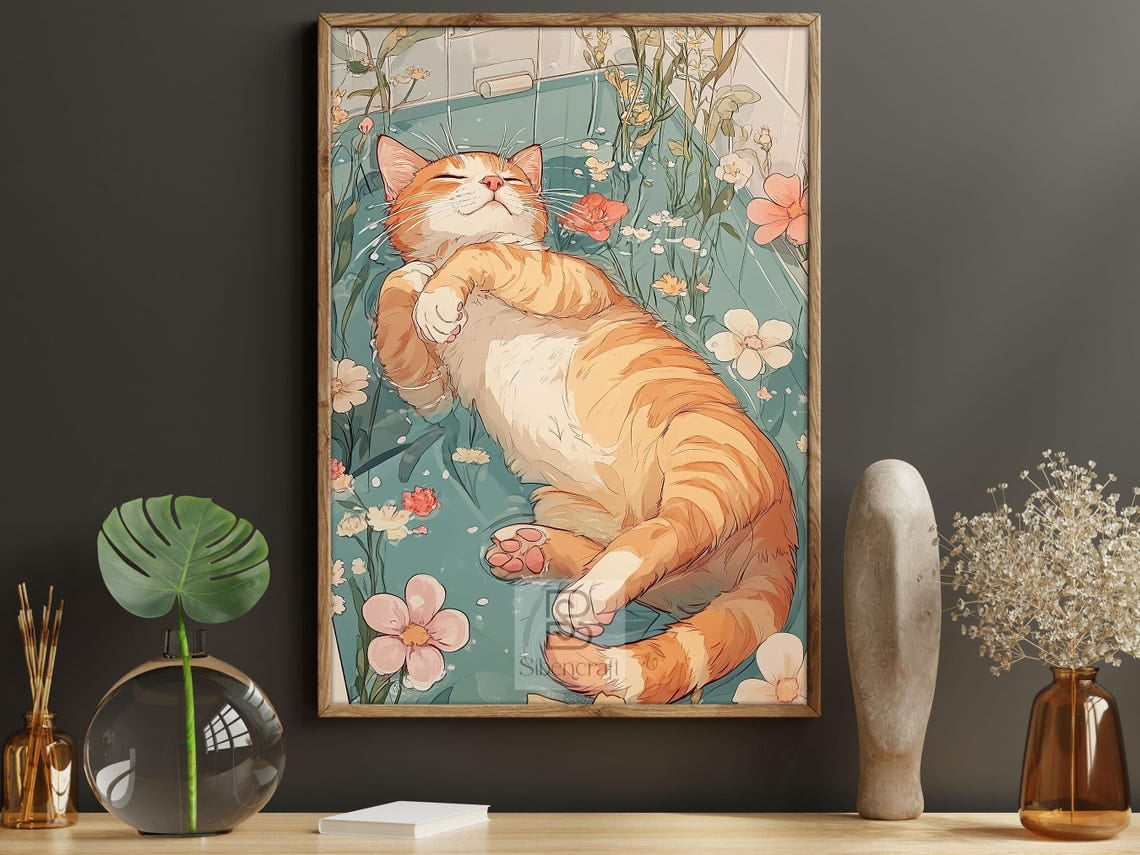 Modroom Cat in Floral Bathtub Poster, Relaxing Pet Wall Art, Whimsical ...
