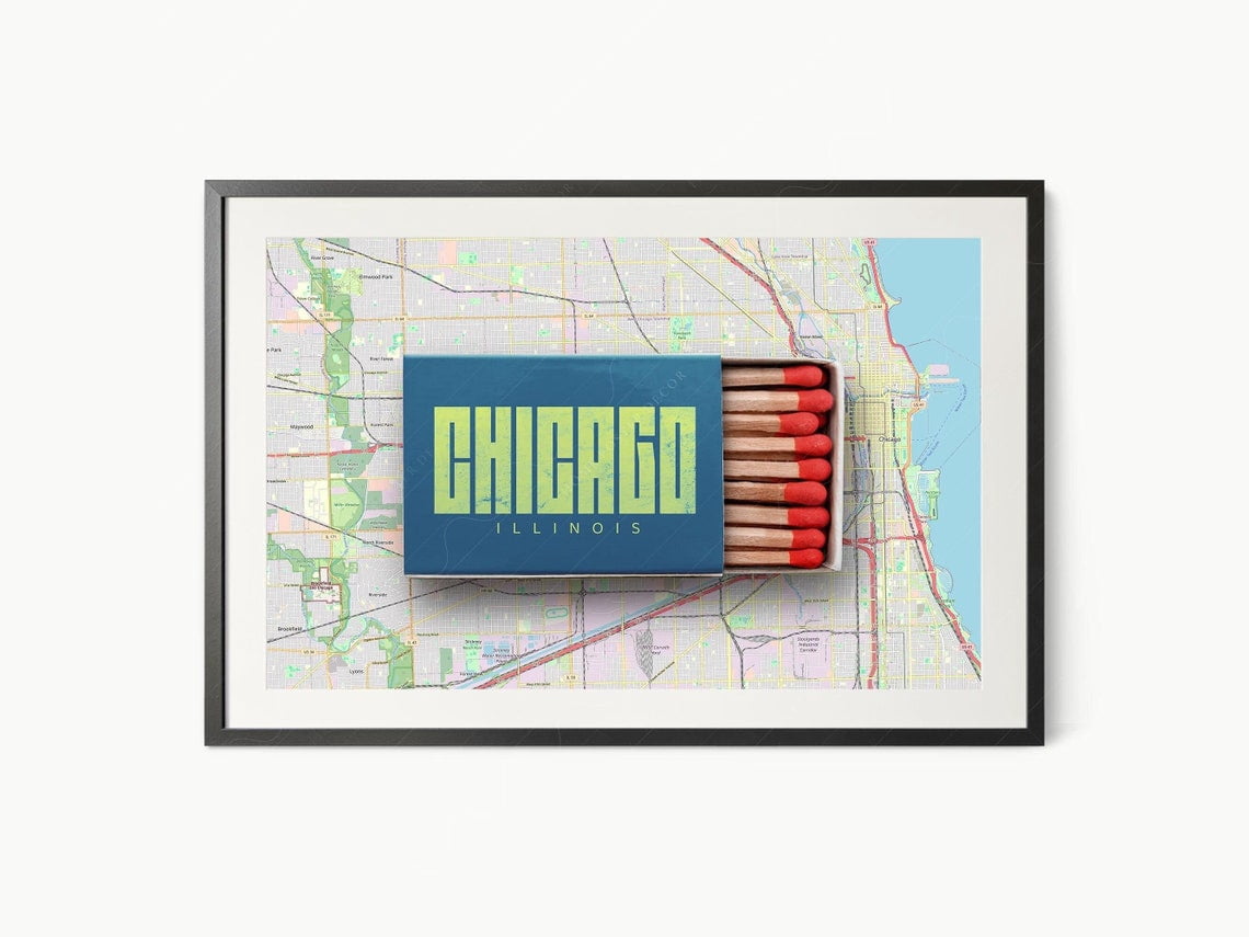 Modroom Chicago City Map Poster Vintage Matchbox Wall Art Modern Travel ...