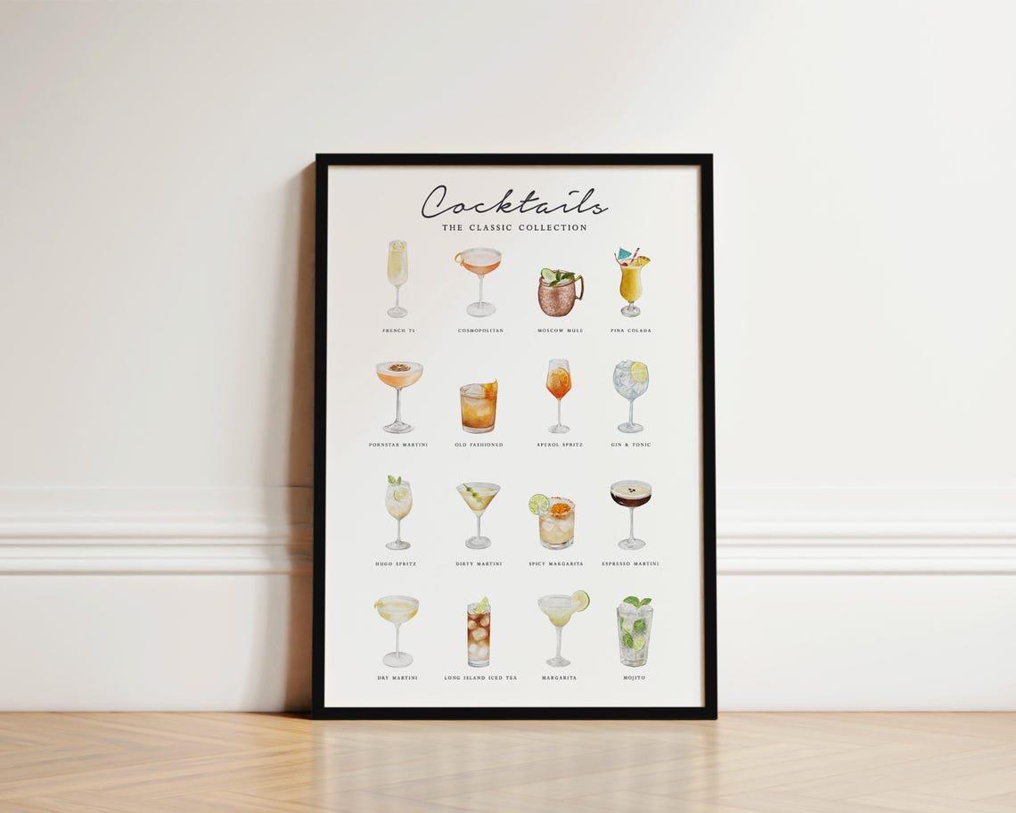 printable kitchen prints wall art, set of 6, hand... Modroom Classic Cocktail Menu Print, Cocktail Poster, Watercolour ...