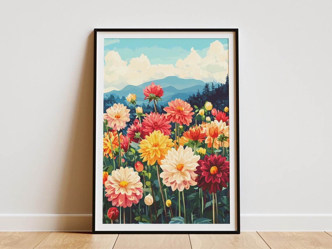 Modroom Dahlia Garden Poster Floral Botanical Art Print Summer Flower ...