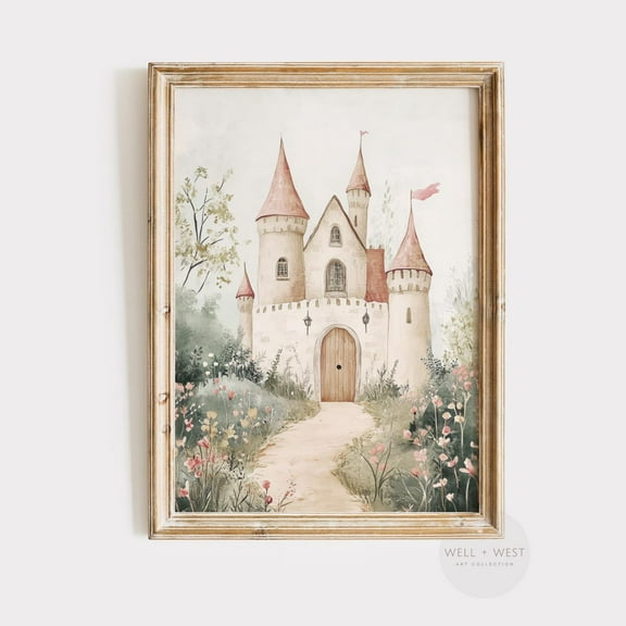 Modroom Fairytale Castle Poster, Wildflower Landscape, Princess Castle Art, Soft Pastel Summer Art, Girl Nursery Decor, P620, Modern Decor, 8x12 UNFRAMED