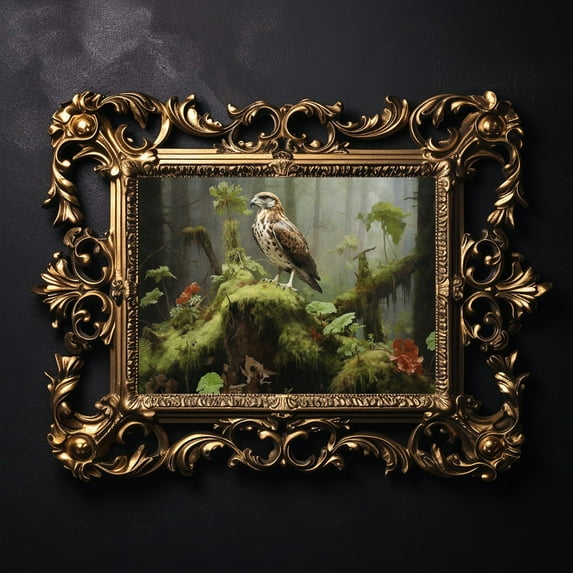 Modroom Falcon in Dark Forest Poster, Woodland Animal Vintage Wall Art, 8x12 UNFRAMED