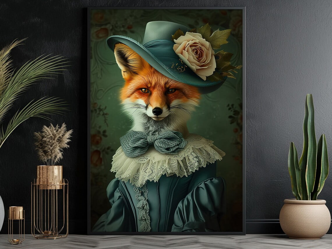 Modroom Fox Lady Poster, Vintage Animal Wall Art, Rustic Renaissance ...