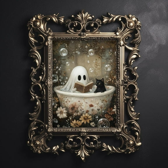 Modroom Ghost Reading with Black Cat Bathtub Poster, Vintage Gothic Dark Academia Wall Art, 8x12 UNFRAMED