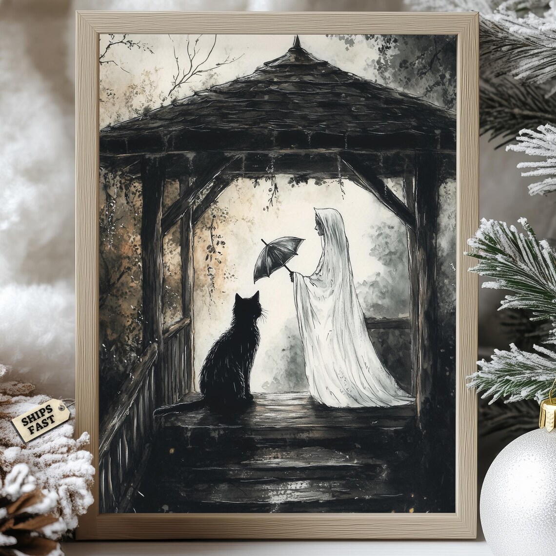 Modroom Ghost and Black Cat Poster Gothic Forest Autumn Romantic Wall ...