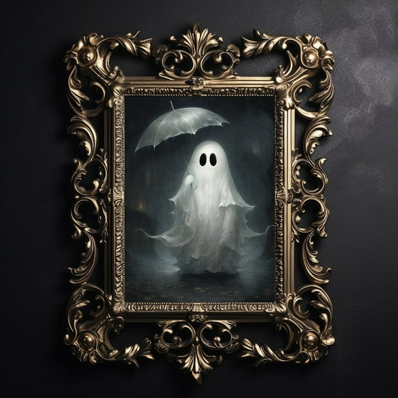 Modroom Ghost with Umbrella Poster, Gothic Dark Academia Autumn Rain Vintage Spooky Wall Art, 8x12 UNFRAMED