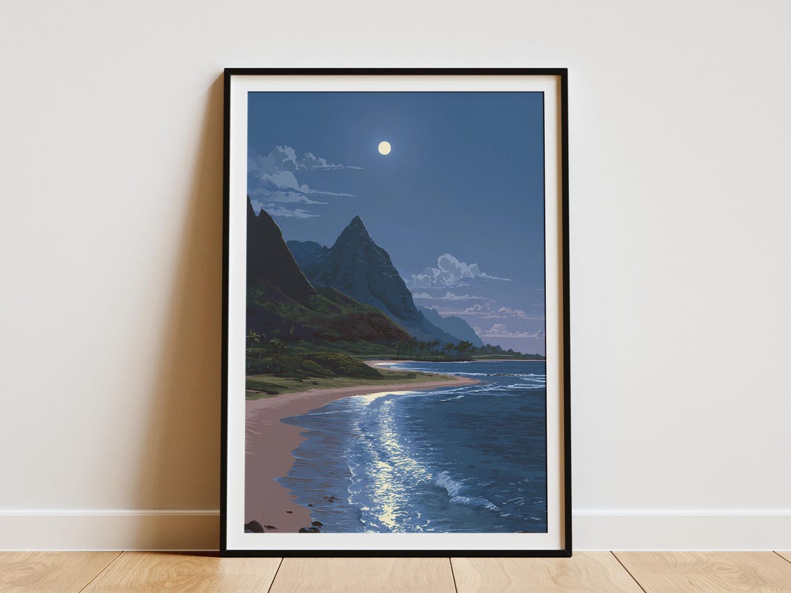 Modroom Hawaiian Moonlit Beach Poster Tropical Island Art Print — free download