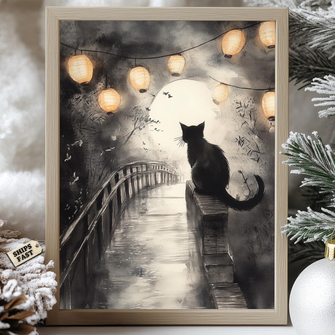 Modroom Japanese Black Cat Moon Poster Zen Minimal Full Moon Wall Art ...