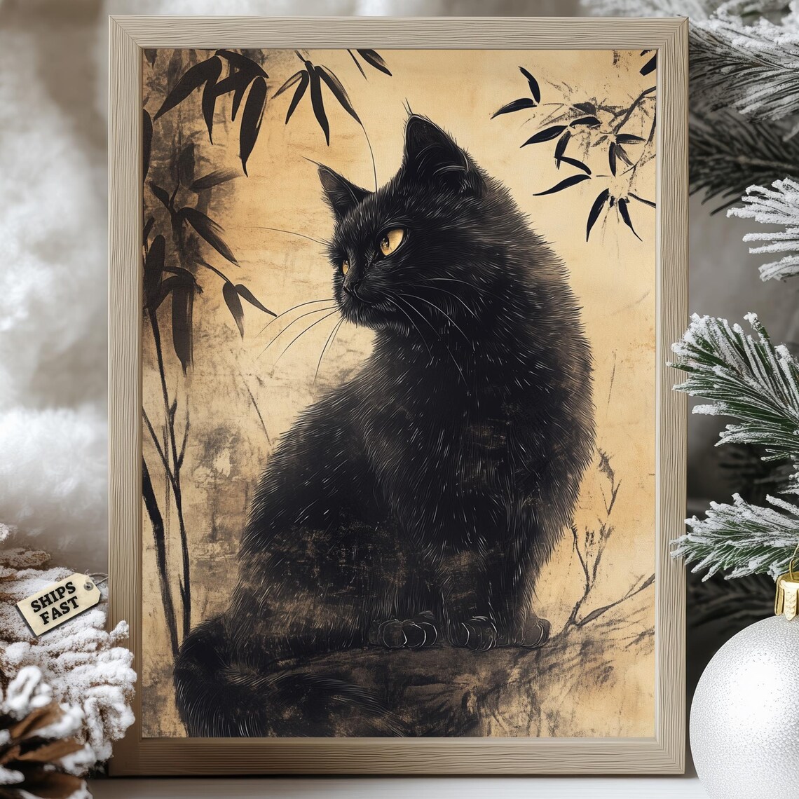 Modroom Japanese Black Cat Poster Minimal Bamboo Zen Aesthetic Wall Art ...
