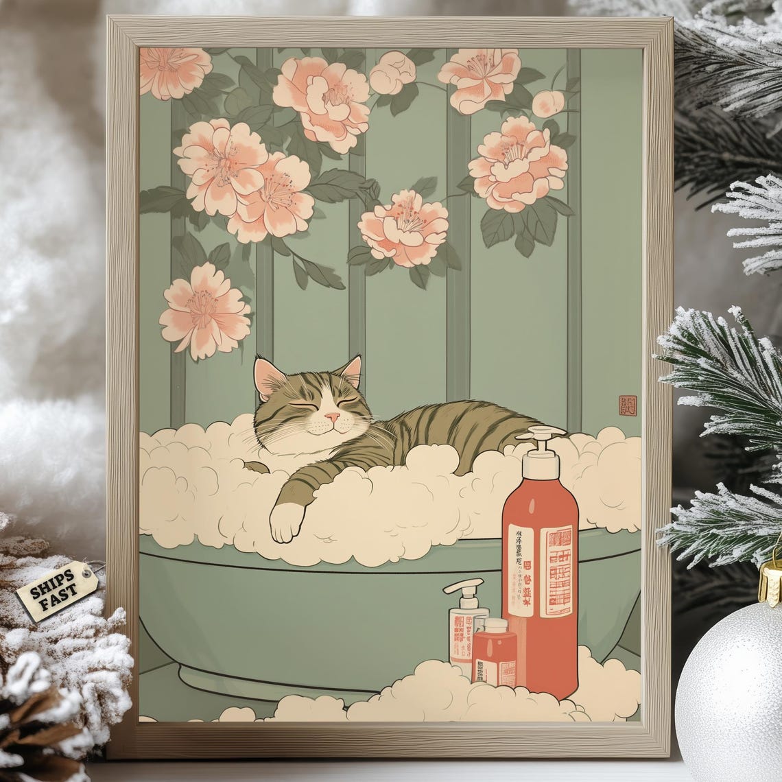 Modroom Japanese Cat Bath Poster Relaxing Tabby Bubble Bath Zen Wall ...