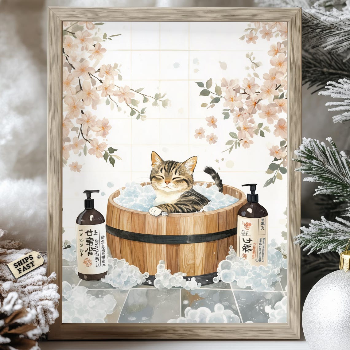 Modroom Japanese Cat Bath Poster Tabby in Wooden Tub Sakura Floral Zen ...