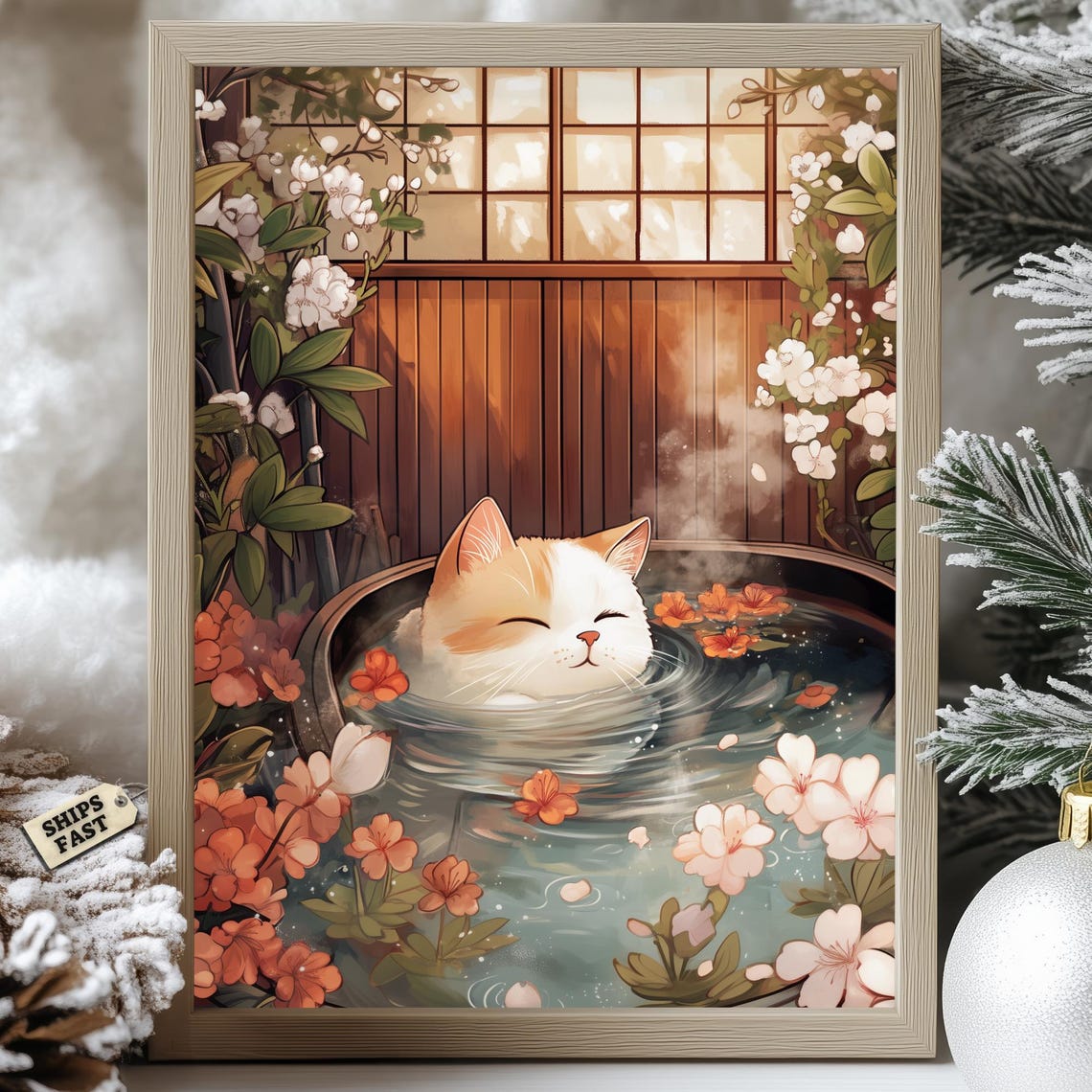 Modroom Japanese Cat Onsen Poster Calico Relaxing Floral Zen Spa Wall ...