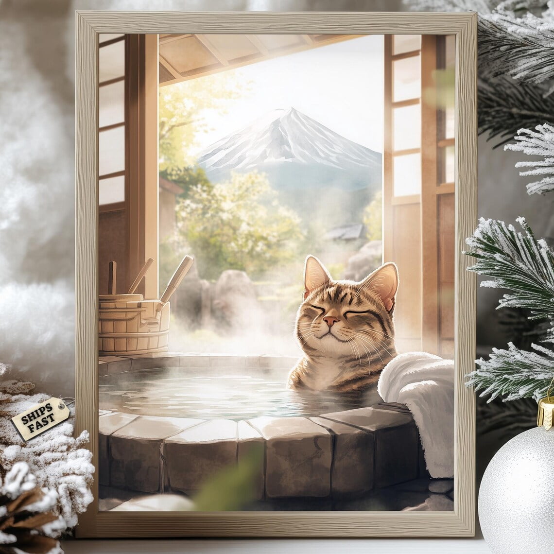 Modroom Japanese Cat Onsen Poster Mt Fuji Hot Spring Zen Spa Wall Art ...